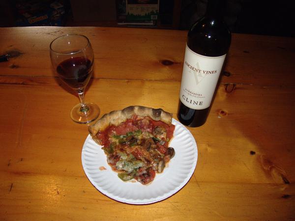 Pizza and wine for dinner.