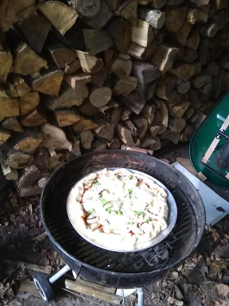 Pizza cooked on the grill.