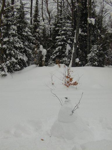 Snowman constructed by Amelia and Vittoria along McCloud Grade.
