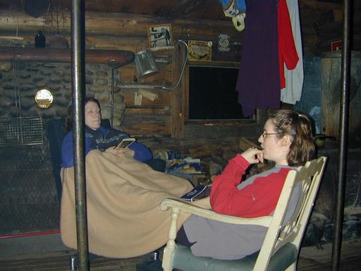 Vittoria and Amelia relaxing in the cabin.