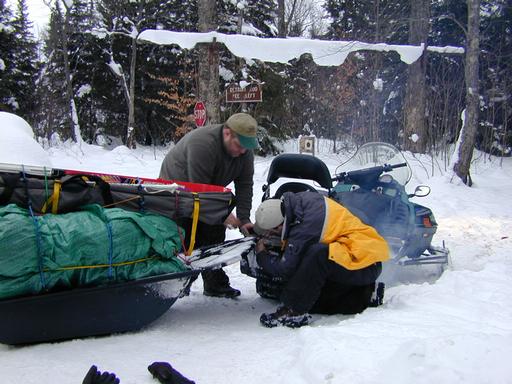 Jon and Matt hooking up the sled with Matt's gear.