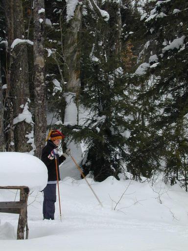 Amelia snowshoeing by the cabin.