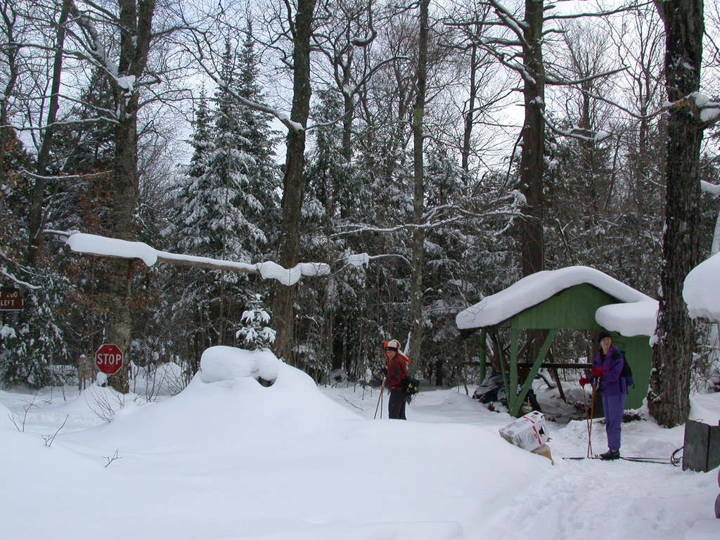 Amelia and Vittoria preparing to ski back to the trailhead from the cabin.