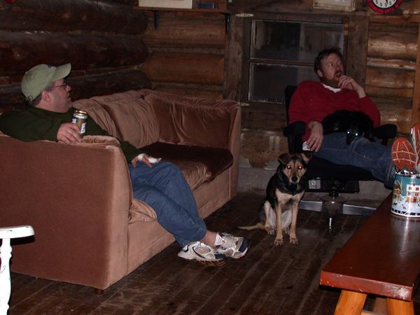 Jon, Bill, and Abby relaxing before dinner.