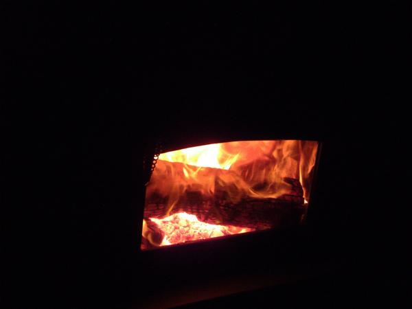 Flames in the new fireplace insert.