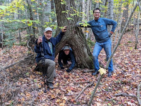 Me, Andy, and Mikey at a tree found in the woods near the Cabin.