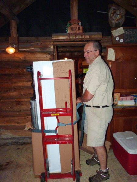 Mike moving in the new refrigerator.