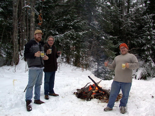 Bill, Carl, and Jon having Scotch slushies and wine by the fire.