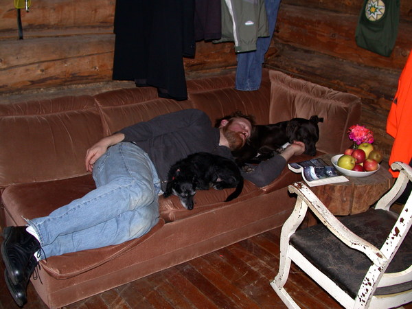 Bill sleeping with Scozi and Dog as a pillow.